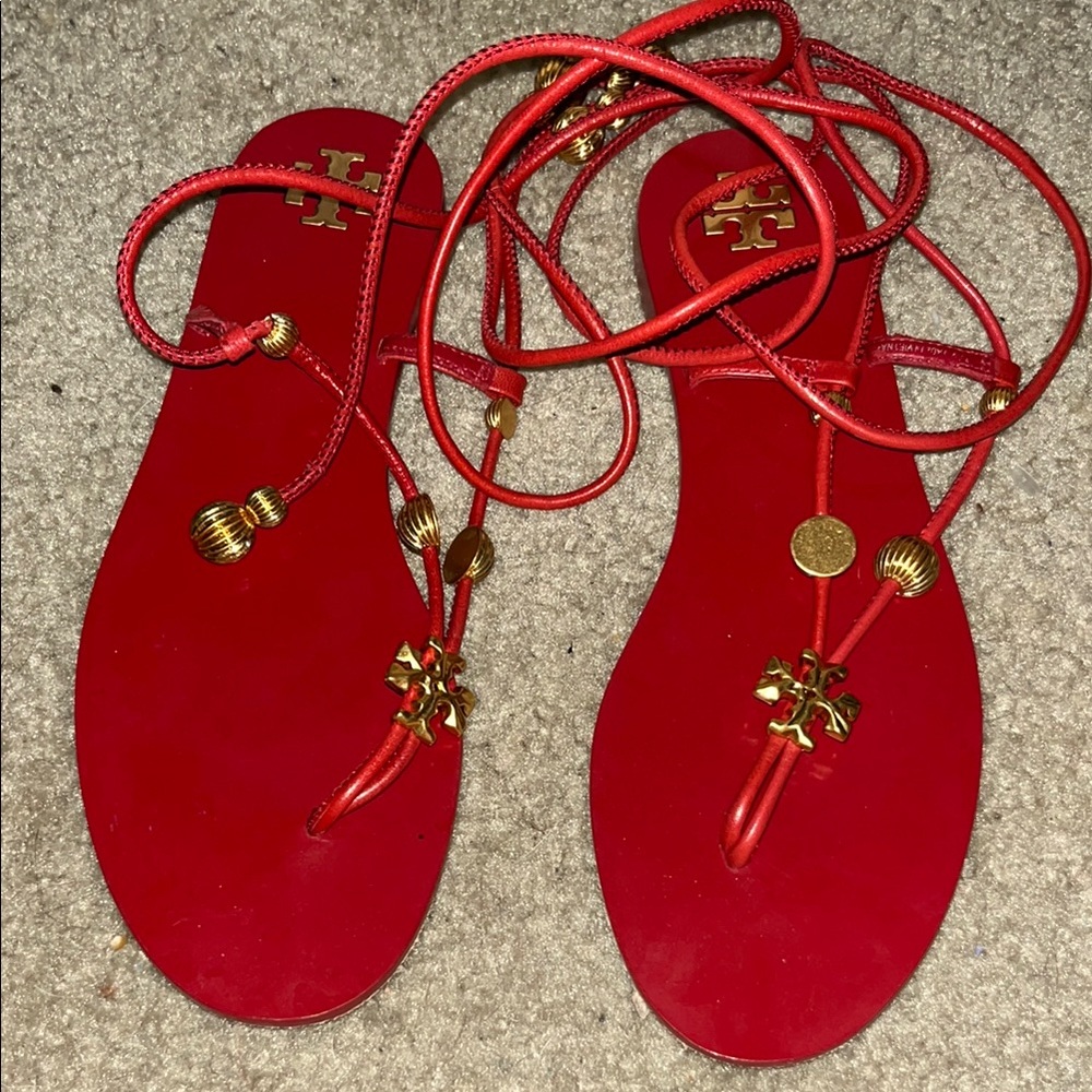 Tory Burch Red Sandals with Gold Accents